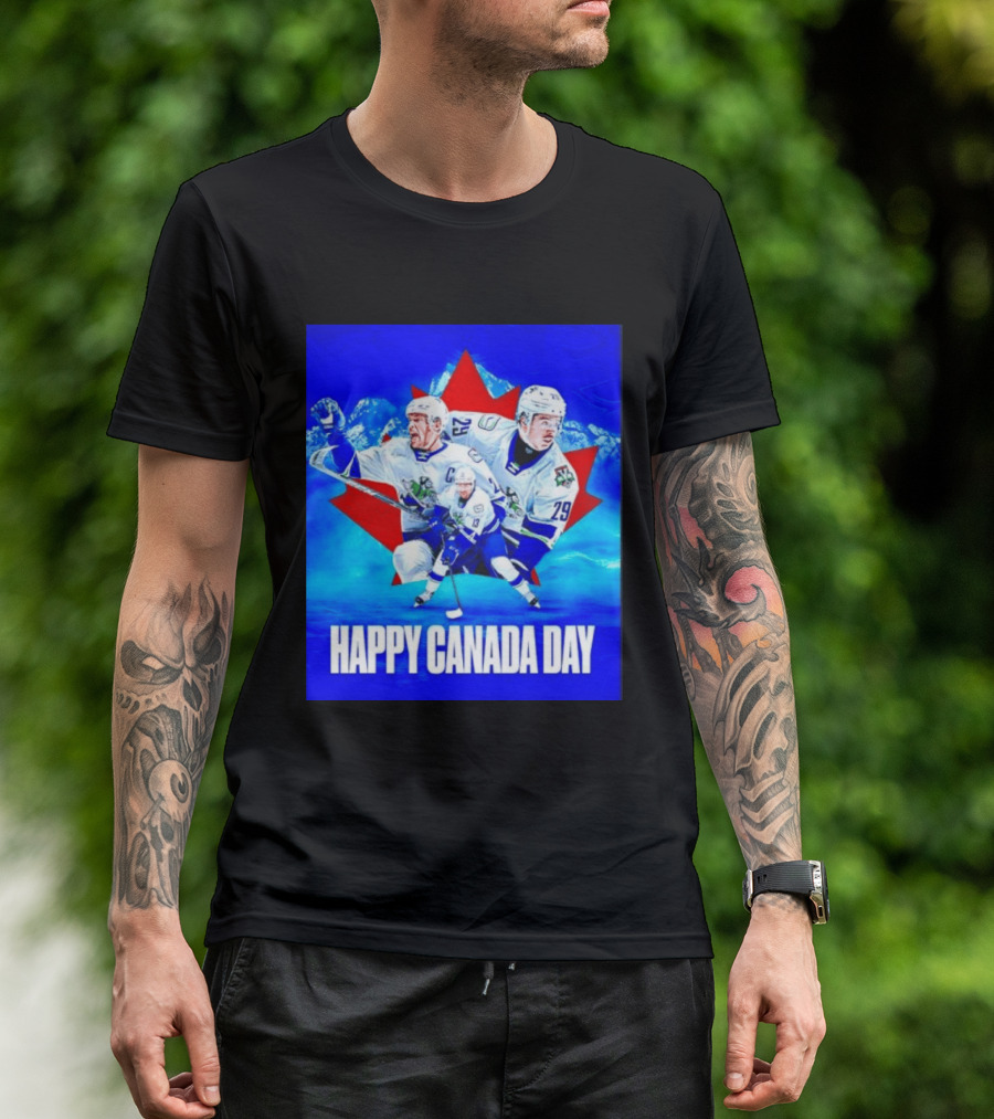 Abbotsford Canucks Happy Canada Day Celebration Collage With Hockey Players And Maple Leaf T-Shirt