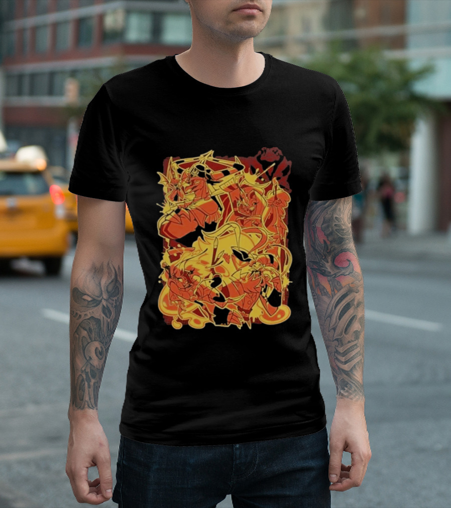 Helluva Boss Satan Characters In Fiery Yellow And Red T-Shirt