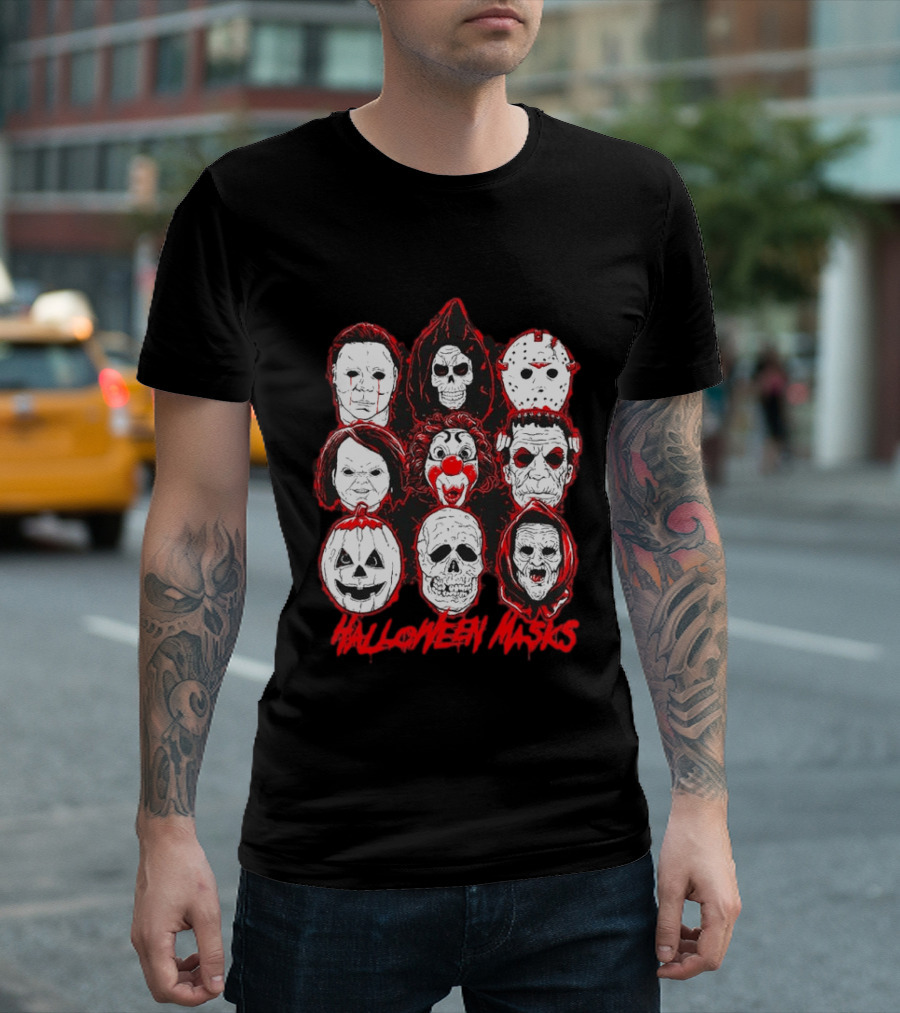 Horror Movie Characters Halloween Masks Skeleton Clown Jack O' Lantern T-Shirt
