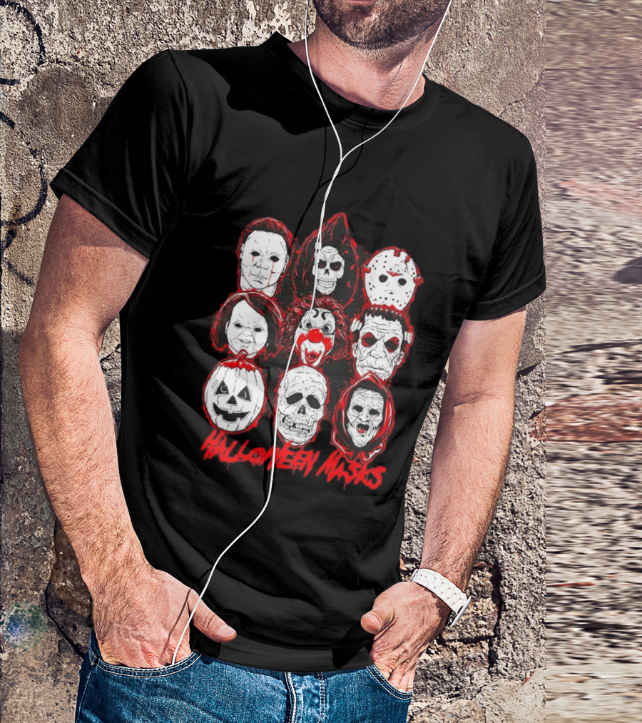Horror Movie Characters Halloween Masks Skeleton Clown Jack O' Lantern T-Shirt
