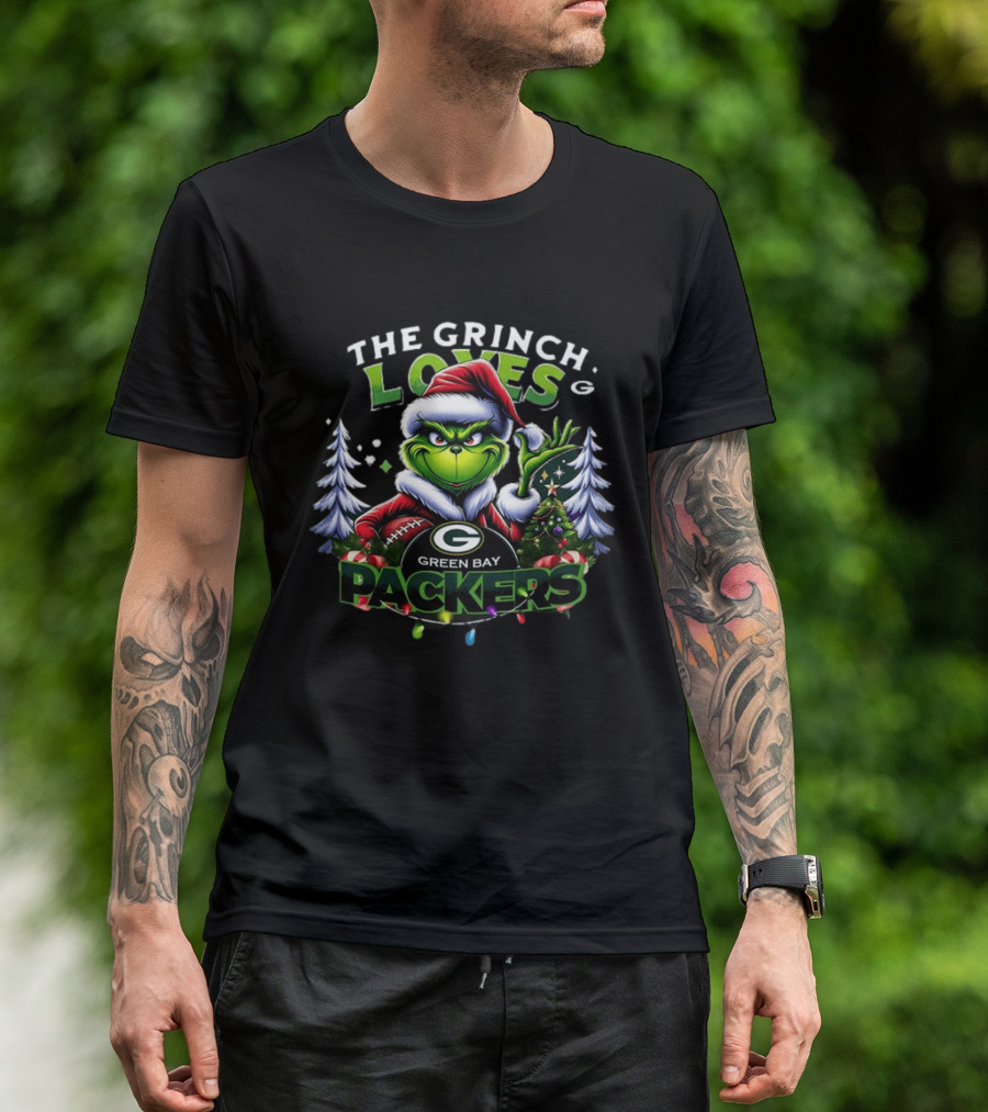 The Grinch Loves Green Bay Packers Christmas Tree Football T-Shirt