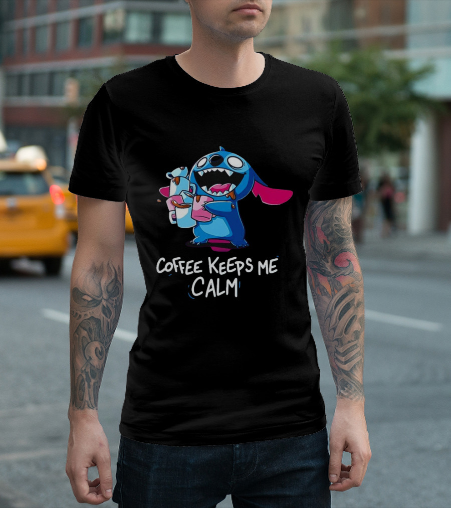 Stitch Coffee Keeps Me Calm Cute Character Drinking Coffee T-Shirt