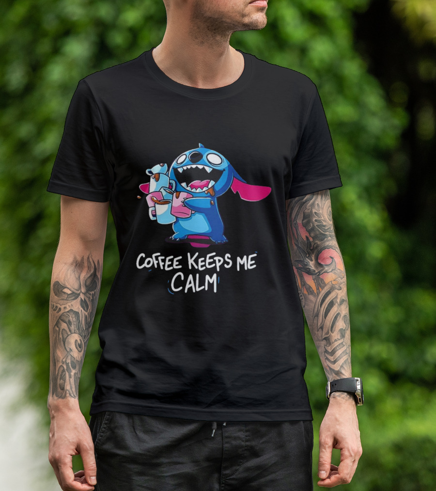 Stitch Coffee Keeps Me Calm Cute Character Drinking Coffee T-Shirt