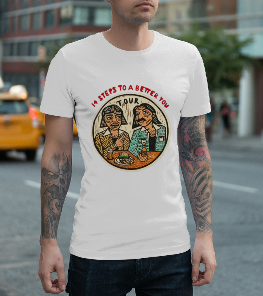 14 Steps To A Better You Tour Oval Illustration With Two Seated Individuals T-Shirt