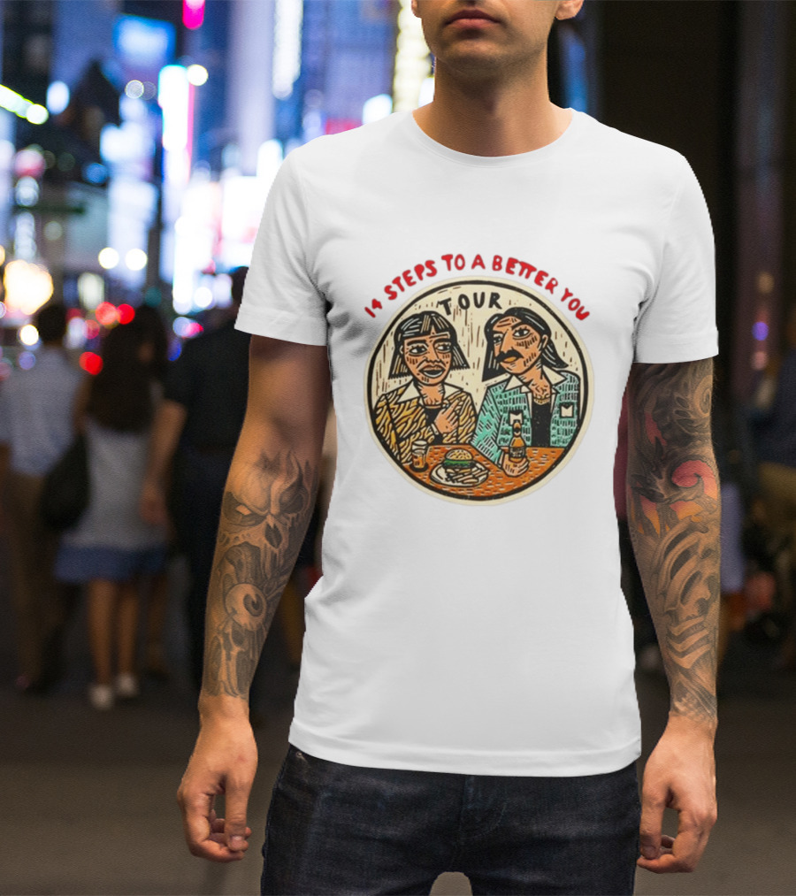 14 Steps To A Better You Tour Oval Illustration With Two Seated Individuals T-Shirt