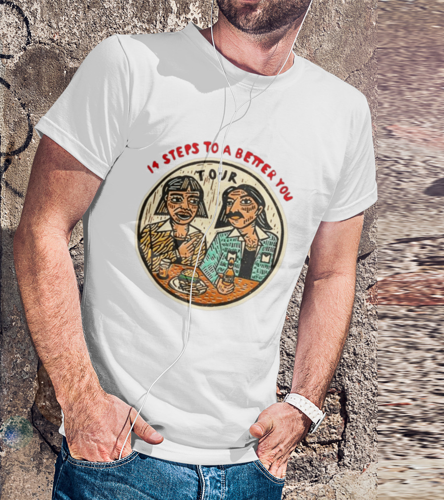 14 Steps To A Better You Tour Oval Illustration With Two Seated Individuals T-Shirt