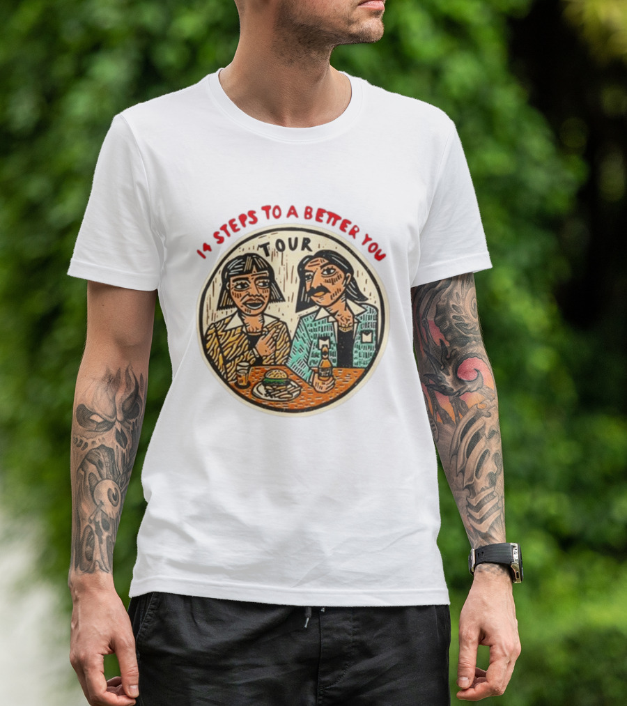 14 Steps To A Better You Tour Oval Illustration With Two Seated Individuals T-Shirt