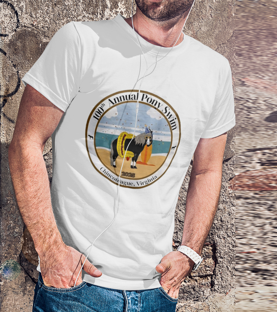 100th Annual Pony Swim Chincoteague Virginia 2025 Beach Scene With Pony And Surfboard T-Shirt