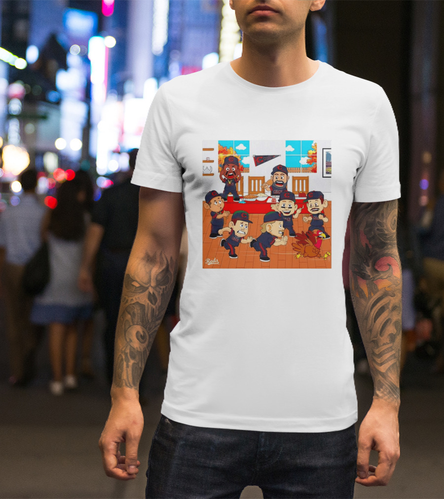 Cincinnati Reds Thanksgiving Chaos Cartoon Scene With Characters And Turkey T-Shirt