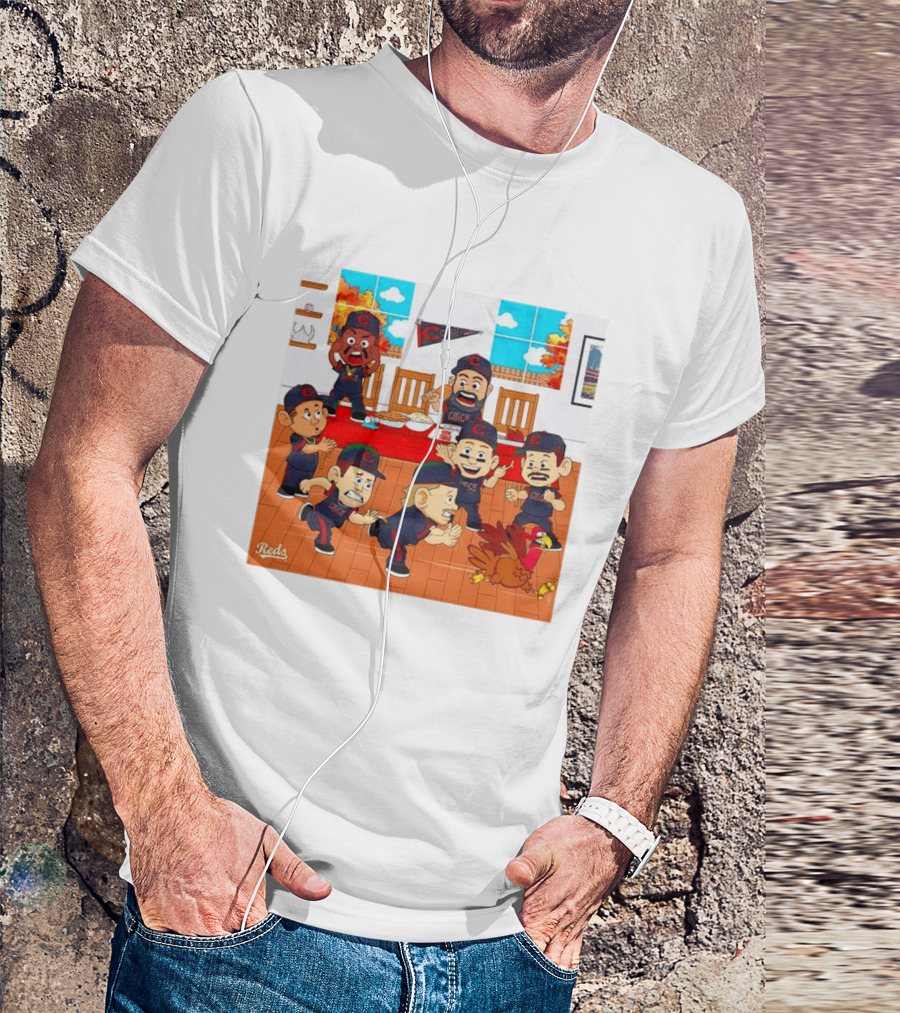 Cincinnati Reds Thanksgiving Chaos Cartoon Scene With Characters And Turkey T-Shirt