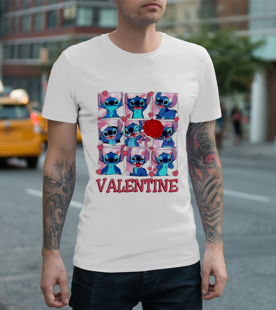 Disney Stitch Rose Flowers Valentine Love Hearts Happy Day T-Shirt