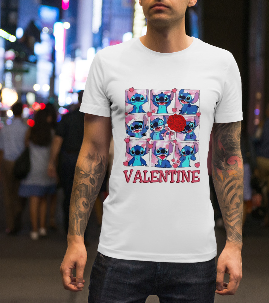 Disney Stitch Rose Flowers Valentine Love Hearts Happy Day T-Shirt
