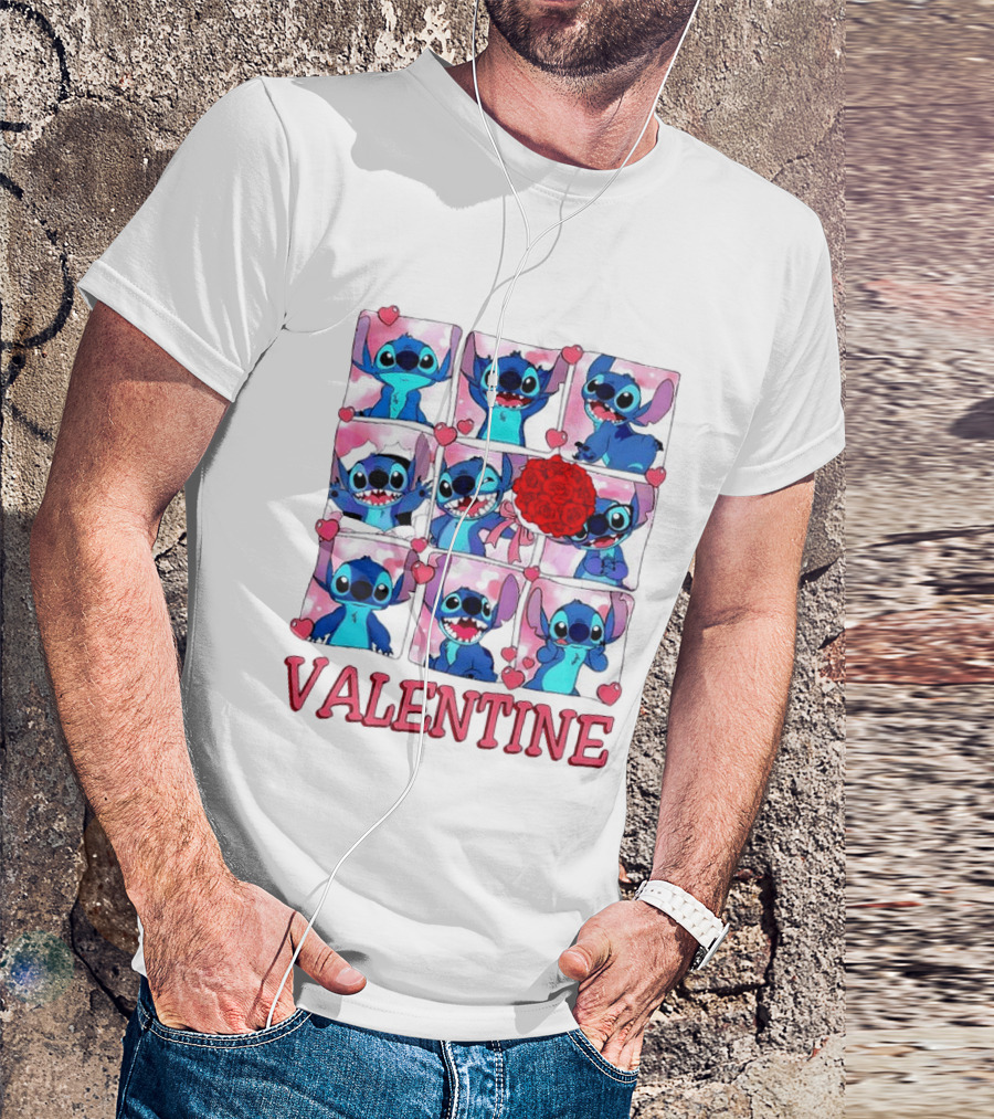 Disney Stitch Rose Flowers Valentine Love Hearts Happy Day T-Shirt