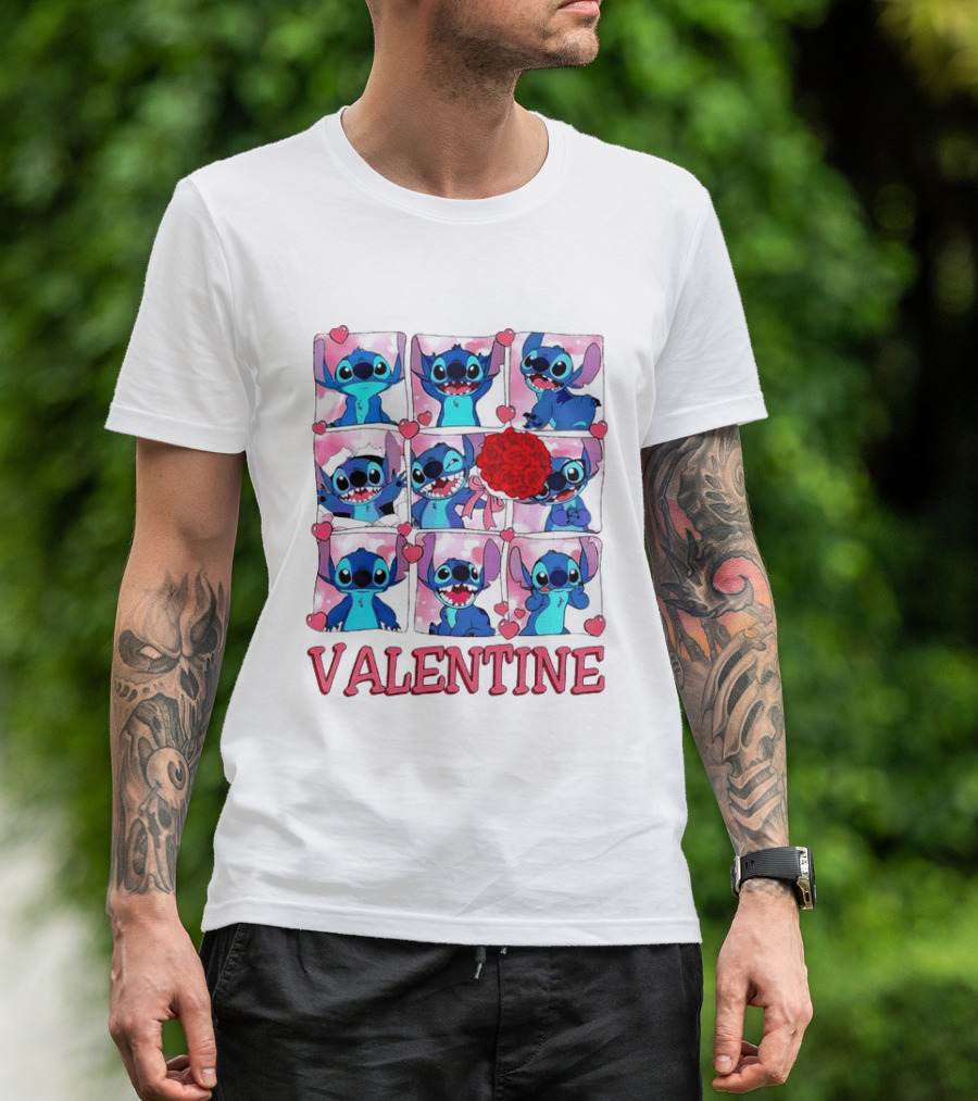 Disney Stitch Rose Flowers Valentine Love Hearts Happy Day T-Shirt