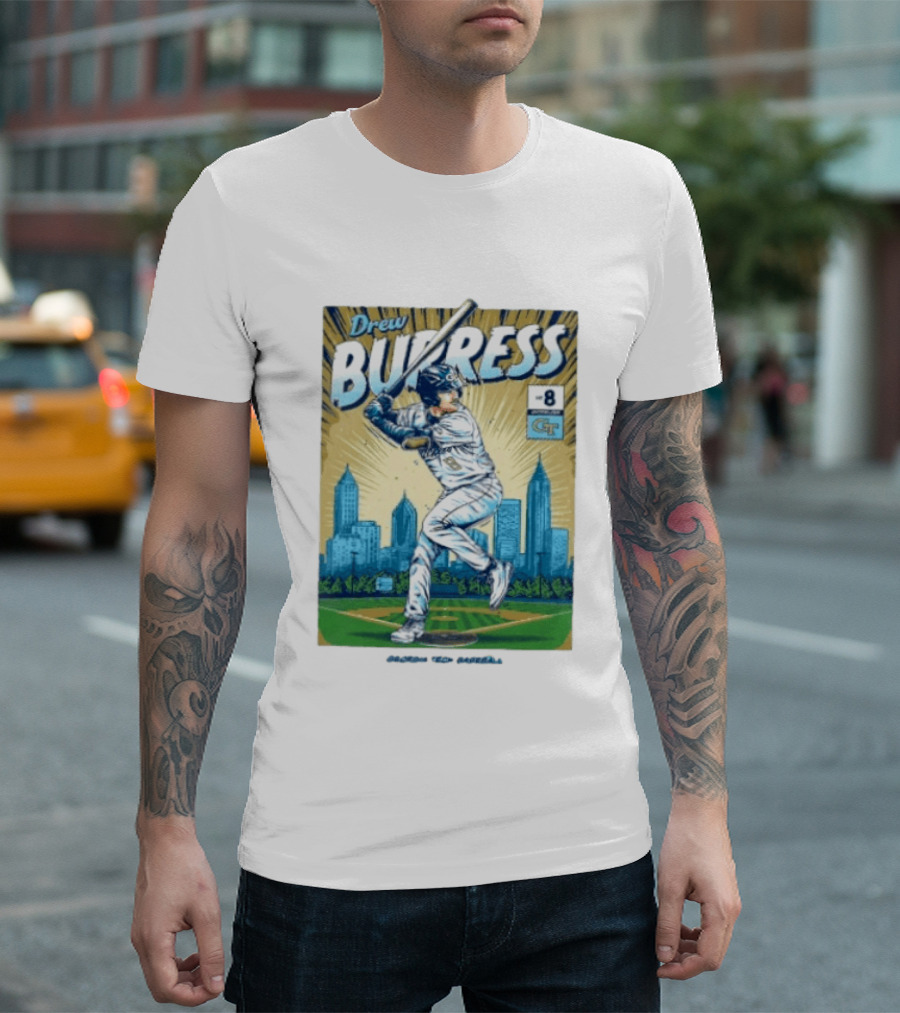 Drew Burress #8 Georgia Tech Baseball Comic Style Retro Cityscape T-Shirt