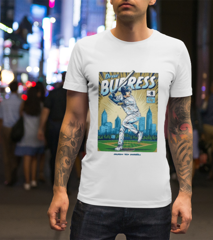 Drew Burress #8 Georgia Tech Baseball Comic Style Retro Cityscape T-Shirt