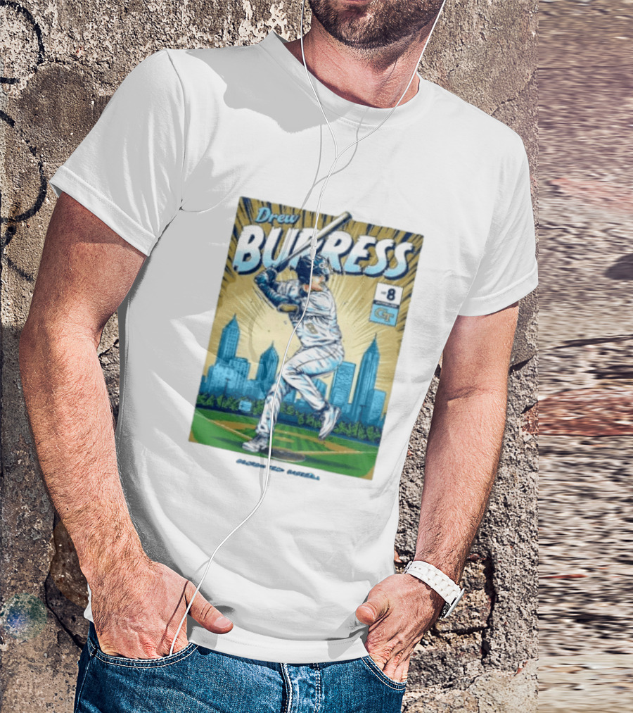 Drew Burress #8 Georgia Tech Baseball Comic Style Retro Cityscape T-Shirt