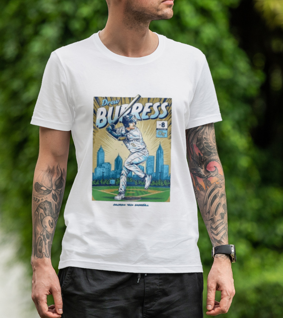 Drew Burress #8 Georgia Tech Baseball Comic Style Retro Cityscape T-Shirt