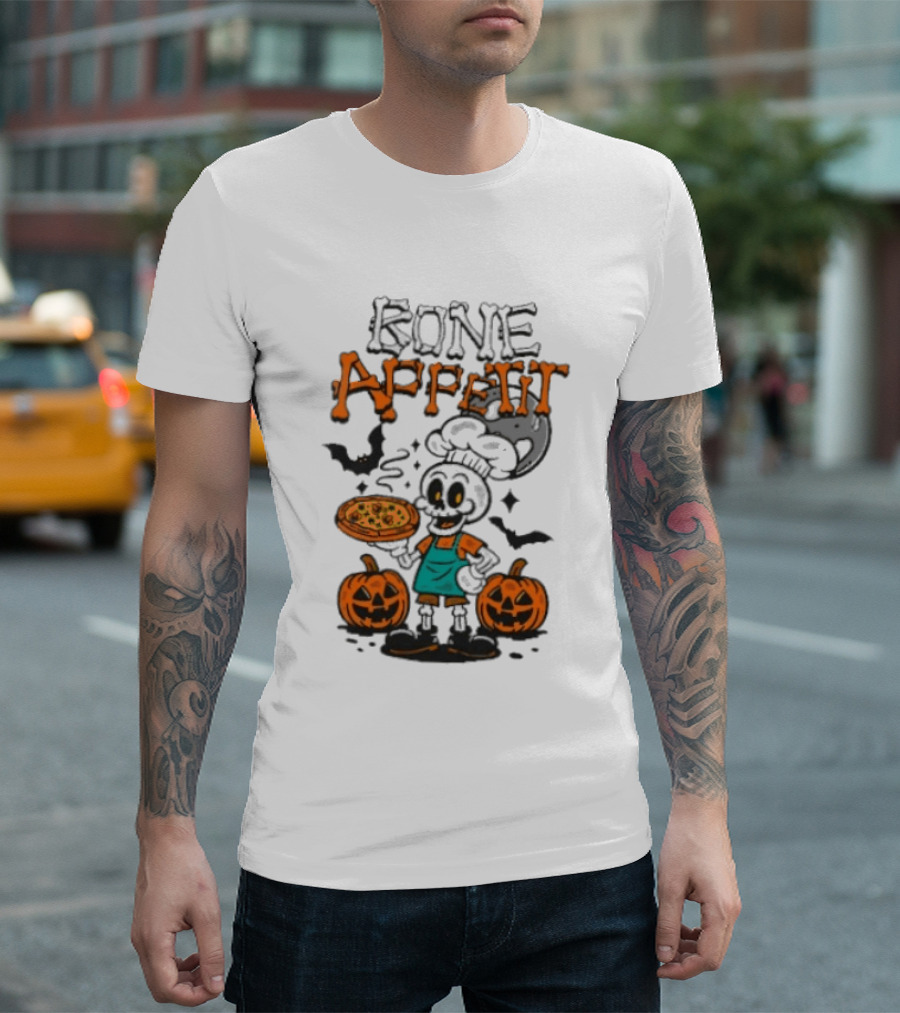 Bone Appetit Skeleton Chef Halloween Pizza Pumpkin Bats T-Shirt