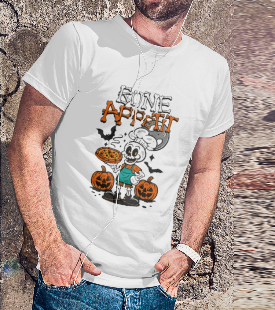 Bone Appetit Skeleton Chef Halloween Pizza Pumpkin Bats T-Shirt