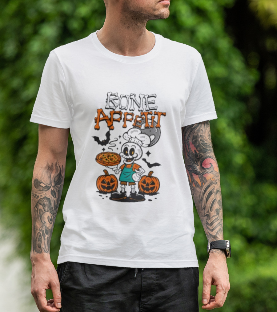 Bone Appetit Skeleton Chef Halloween Pizza Pumpkin Bats T-Shirt