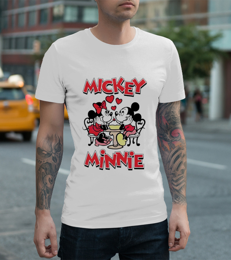 Mickey Minnie Romantic Valentine's Day Hearts And Cafe Scene T-Shirt