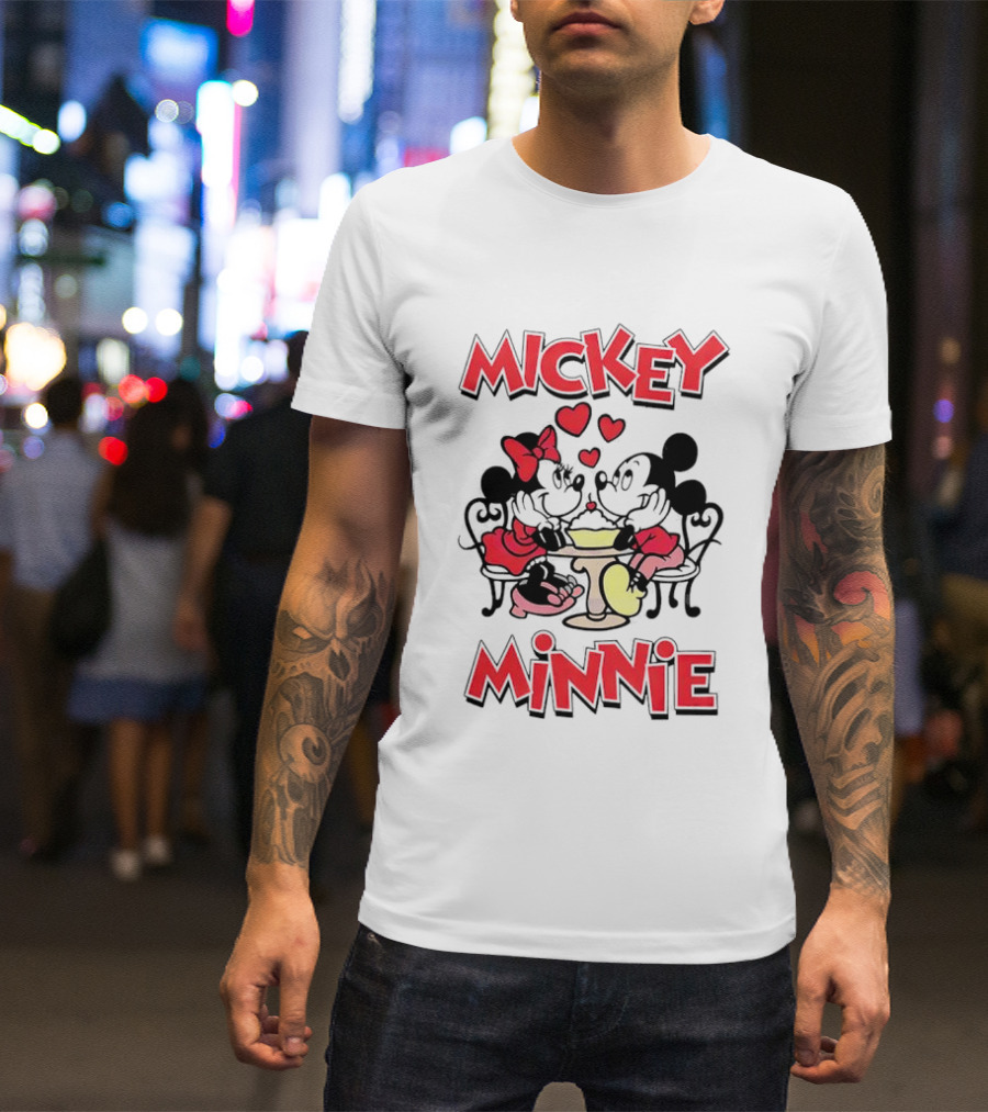 Mickey Minnie Romantic Valentine's Day Hearts And Cafe Scene T-Shirt