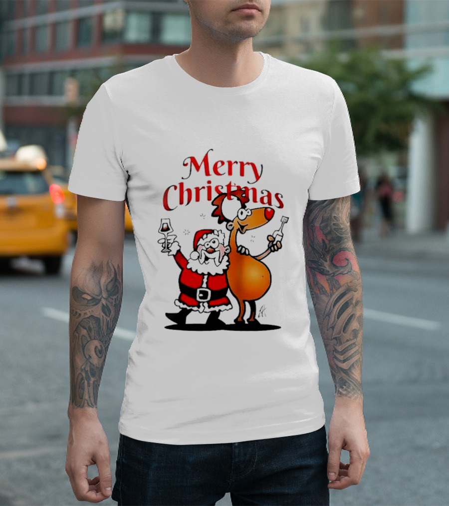 Merry Christmas Santa Claus And Reindeer Toast With Drinks T-Shirt