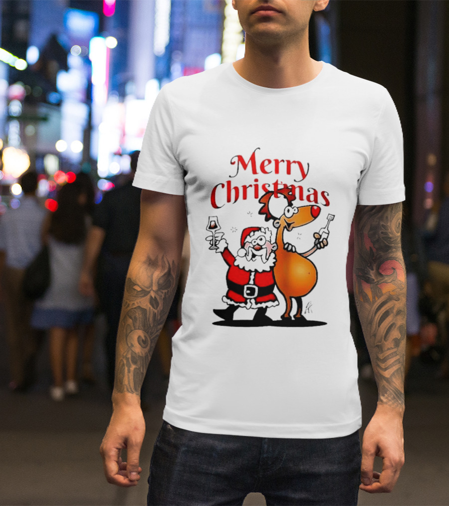 Merry Christmas Santa Claus And Reindeer Toast With Drinks T-Shirt