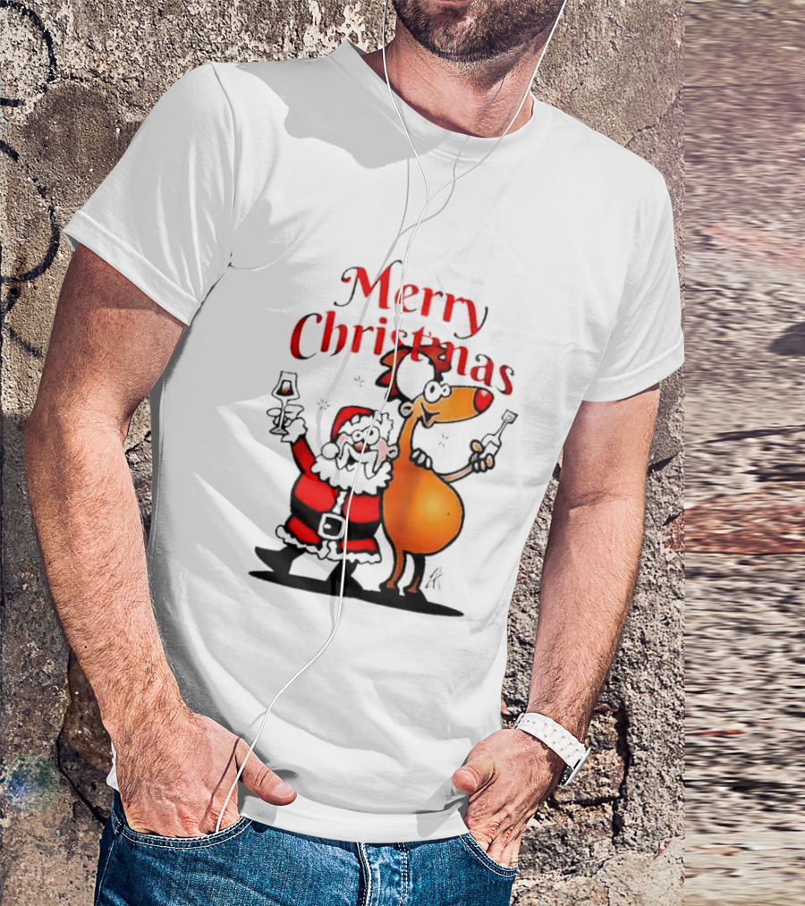 Merry Christmas Santa Claus And Reindeer Toast With Drinks T-Shirt