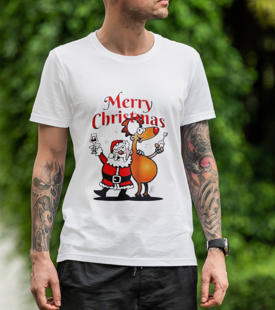 Merry Christmas Santa Claus And Reindeer Toast With Drinks T-Shirt