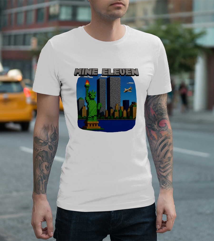Mine Eleven Pixel City Statue Vector World Twin Towers Scene T-Shirt