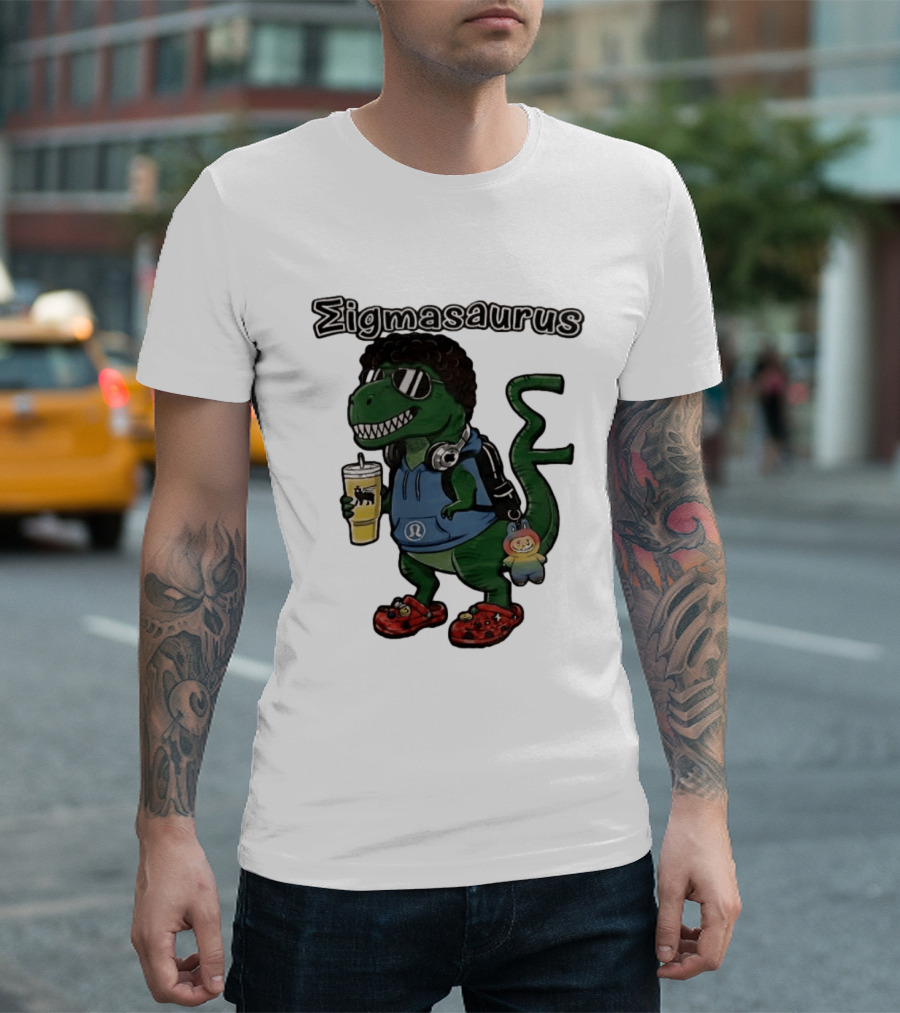 Sigmasaurus Rex Dinosaur Meme With Afro Sunglasses Headphones And Drink T-Shirt