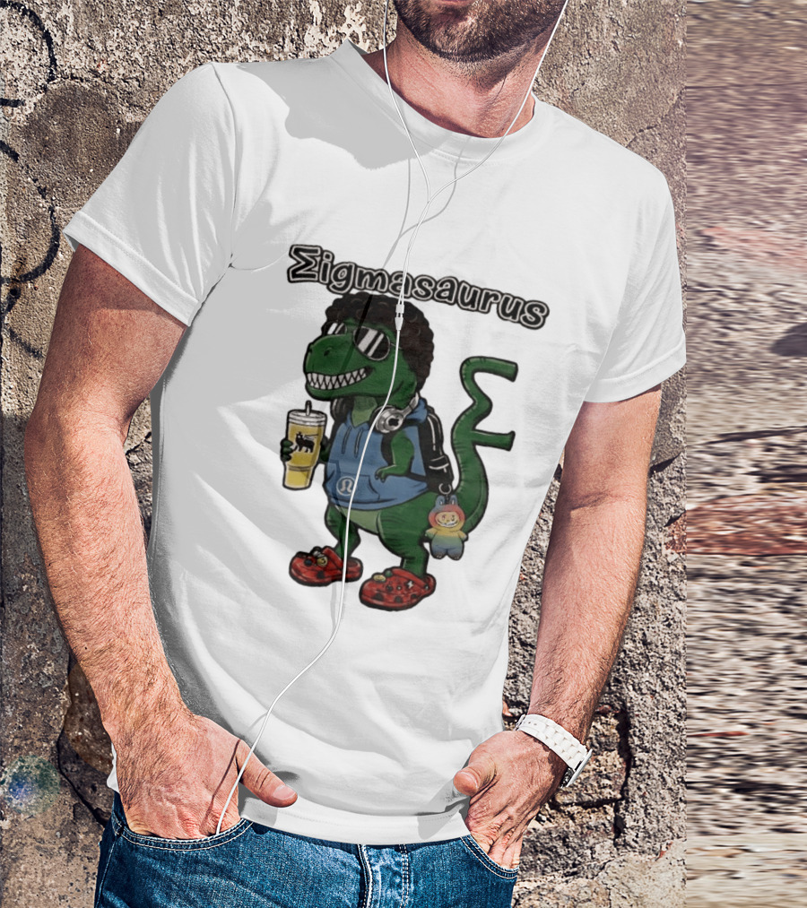 Sigmasaurus Rex Dinosaur Meme With Afro Sunglasses Headphones And Drink T-Shirt