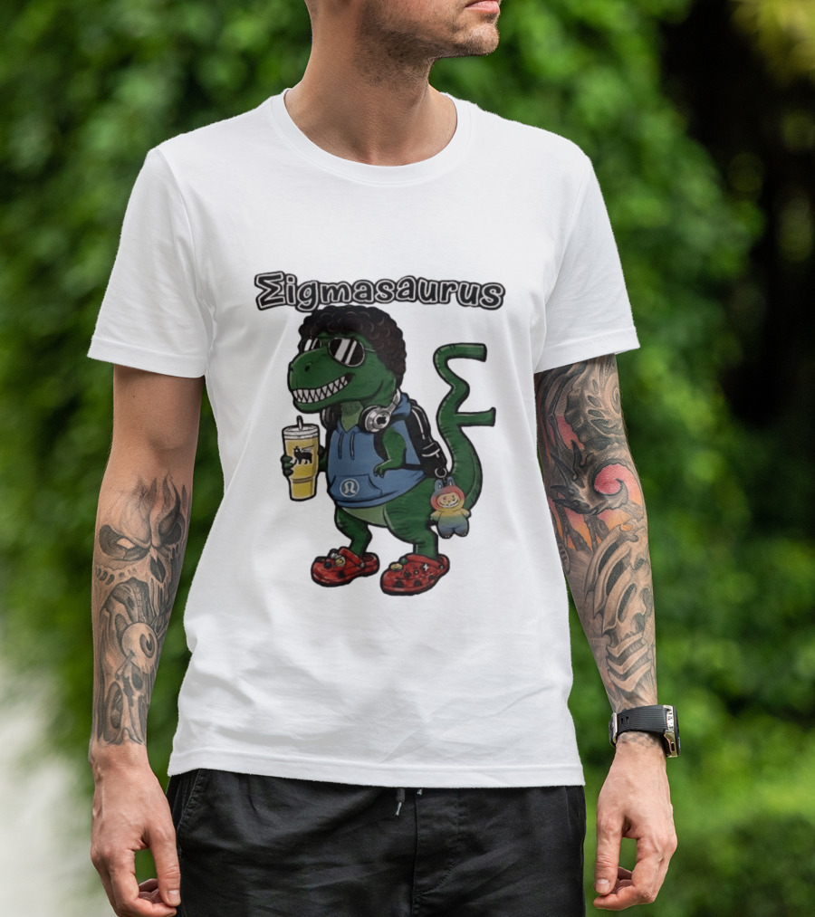 Sigmasaurus Rex Dinosaur Meme With Afro Sunglasses Headphones And Drink T-Shirt