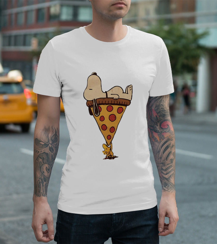 Snoopy Relaxing On Giant Pizza Slice With Woodstock Peanuts Collection T-Shirt