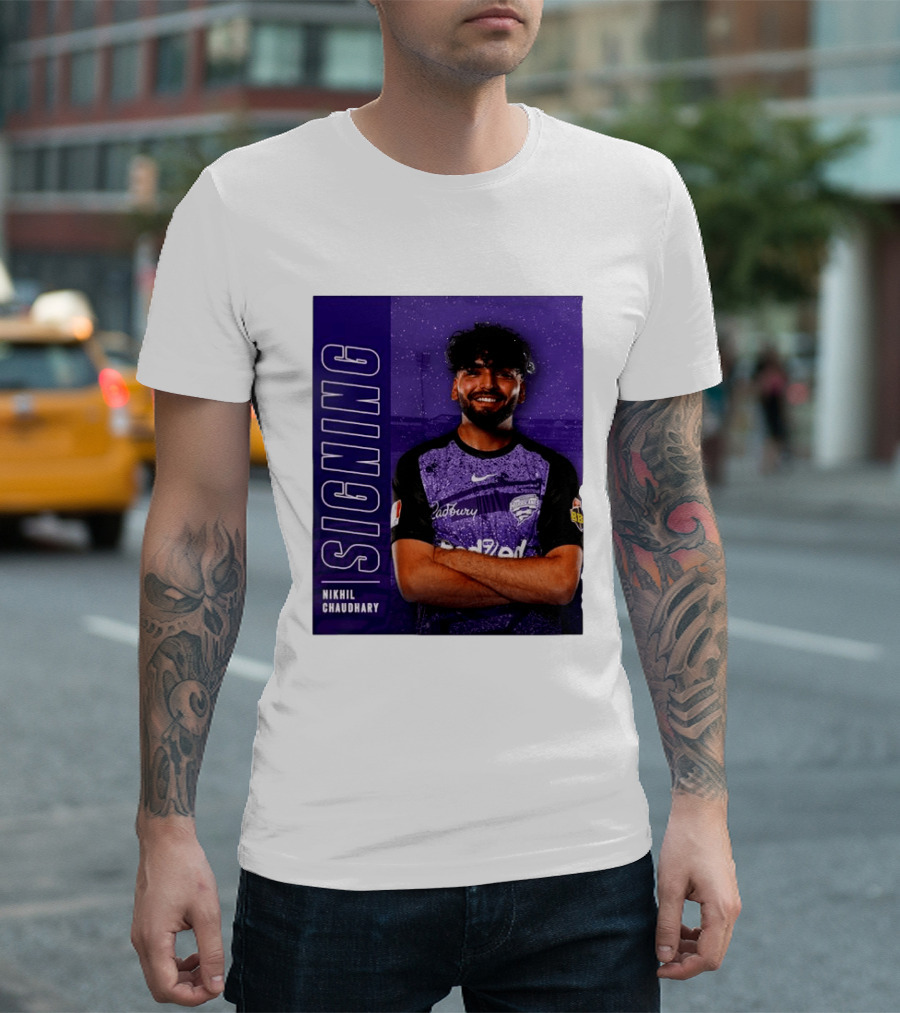 Nikhil Chaudhary Signing Hobart Hurricanes Cadbury BBL T-Shirt