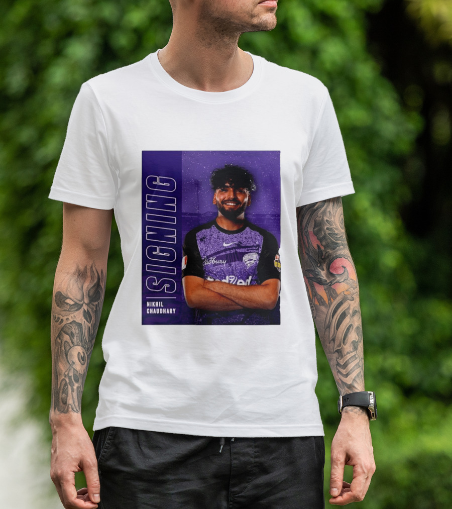 Nikhil Chaudhary Signing Hobart Hurricanes Cadbury BBL T-Shirt