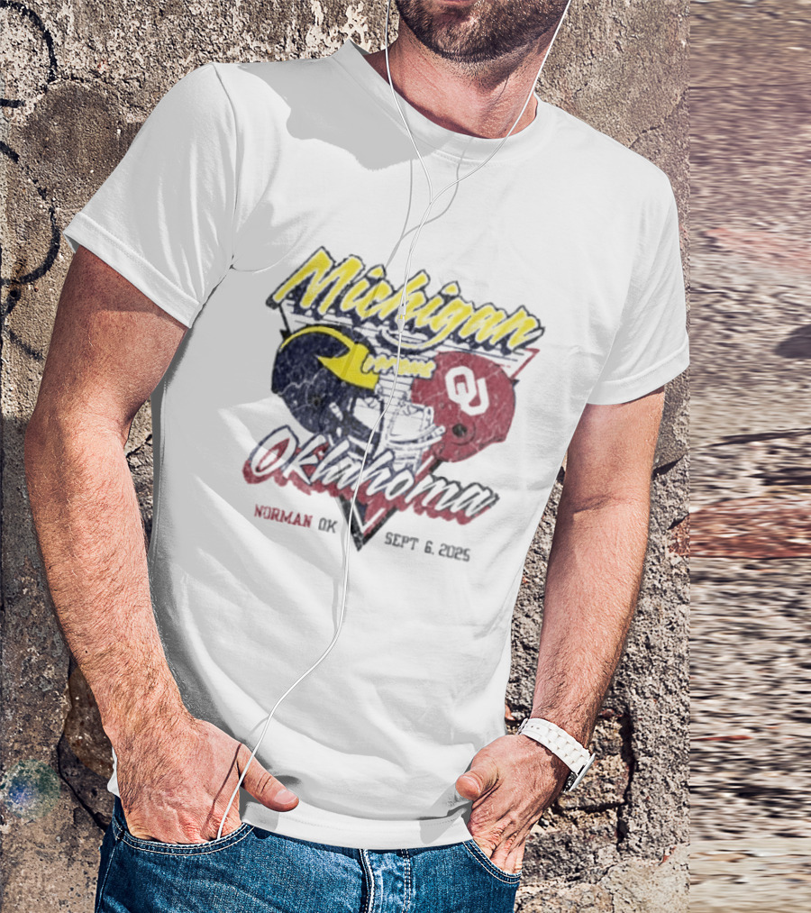 Oklahoma Sooners Vs Michigan Wolverines Football Helmet Norman OK September 6 2025 T-Shirt