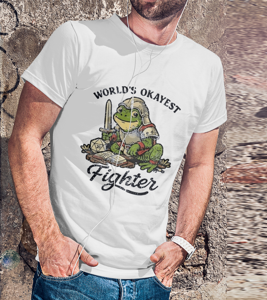 World's Okayest Fighter Frog In Armor With D20 Dice And Sword T-Shirt