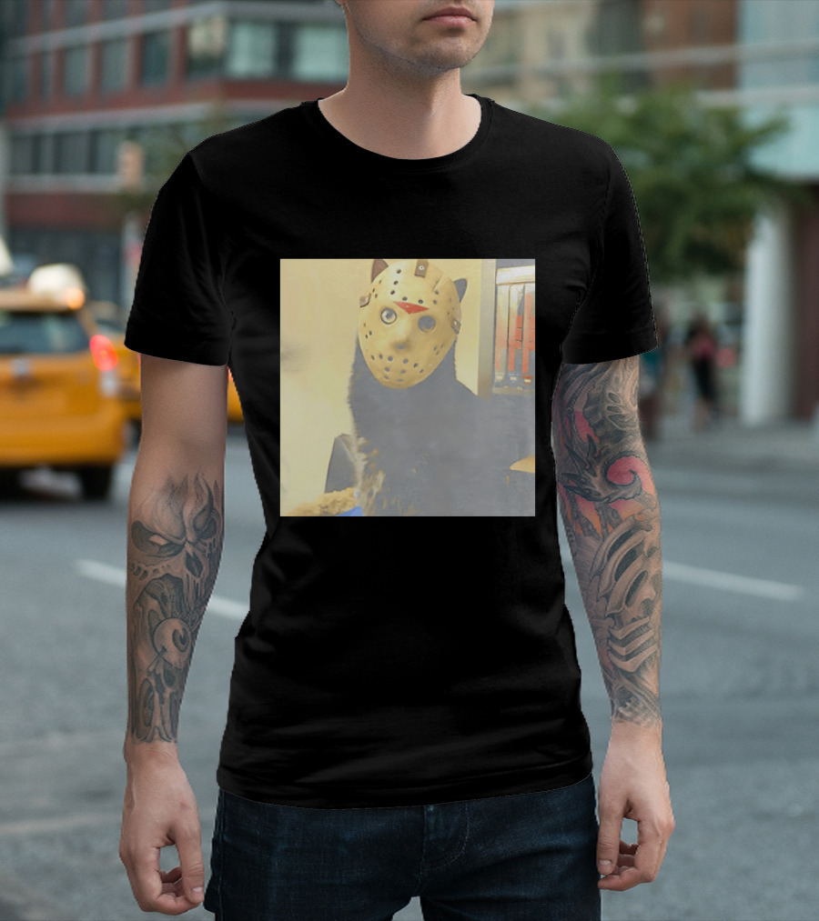 Black Cat In Horror Movie Jason Voorhees Mask T-Shirt