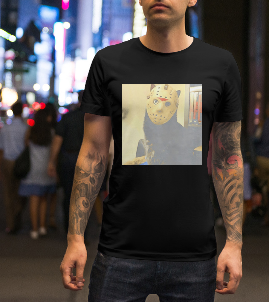 Black Cat In Horror Movie Jason Voorhees Mask T-Shirt