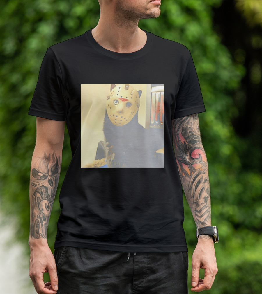 Black Cat In Horror Movie Jason Voorhees Mask T-Shirt