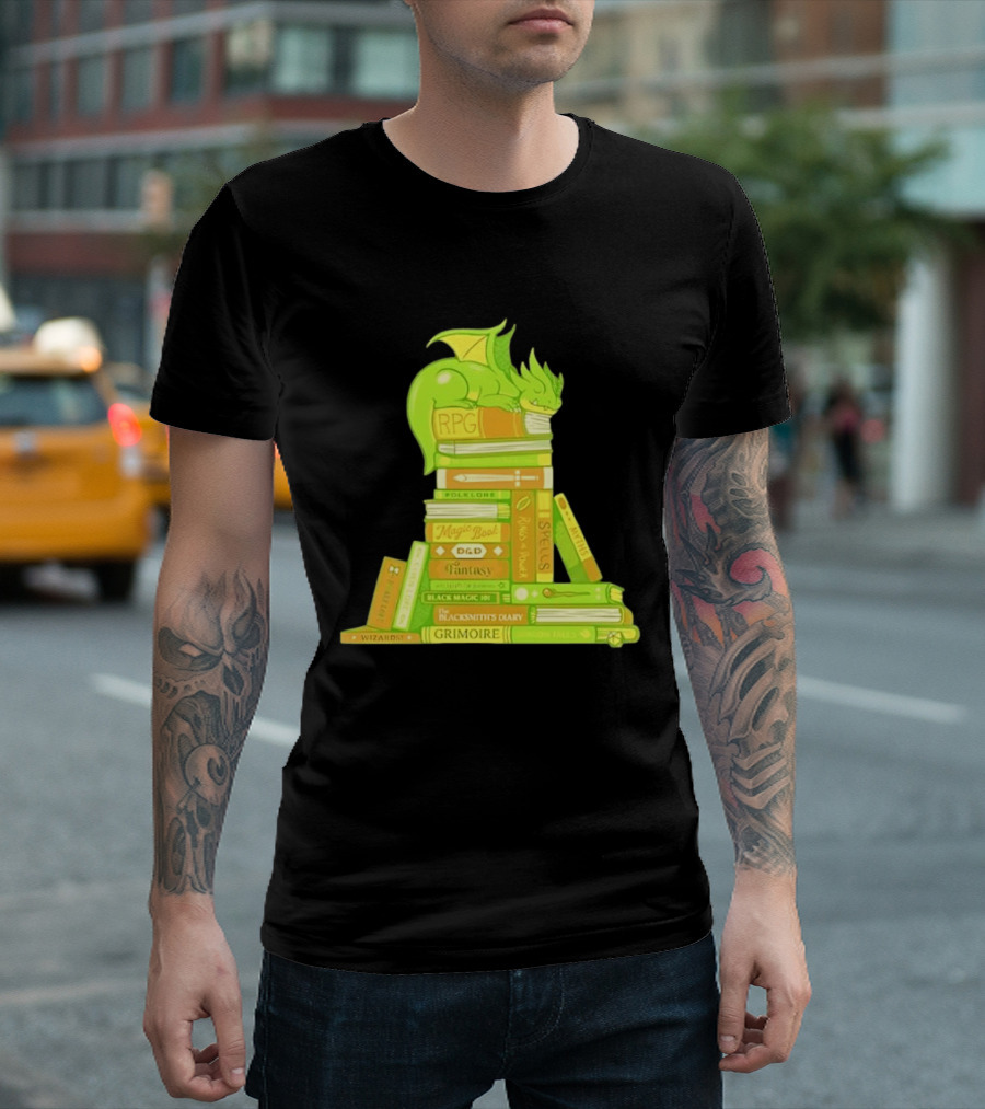 Sleeping Dragon On RPG Fantasy Magic Book Stack Grimoire Wizardry Tales T-Shirt