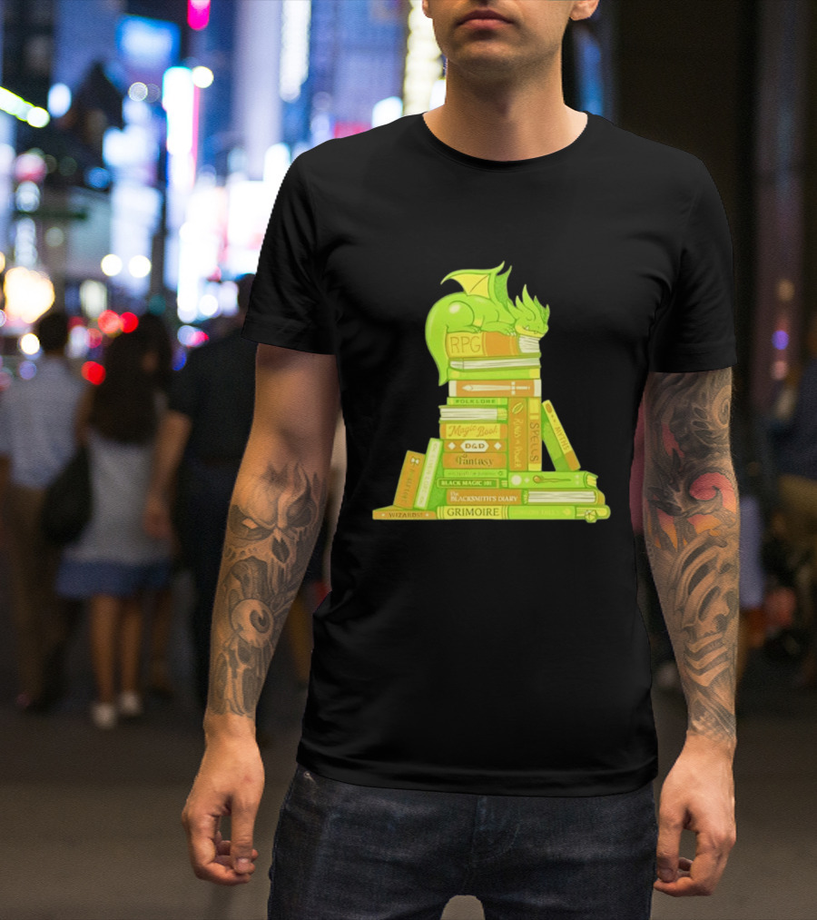Sleeping Dragon On RPG Fantasy Magic Book Stack Grimoire Wizardry Tales T-Shirt