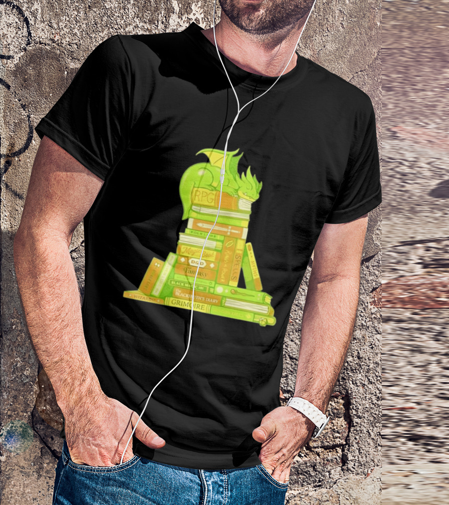 Sleeping Dragon On RPG Fantasy Magic Book Stack Grimoire Wizardry Tales T-Shirt