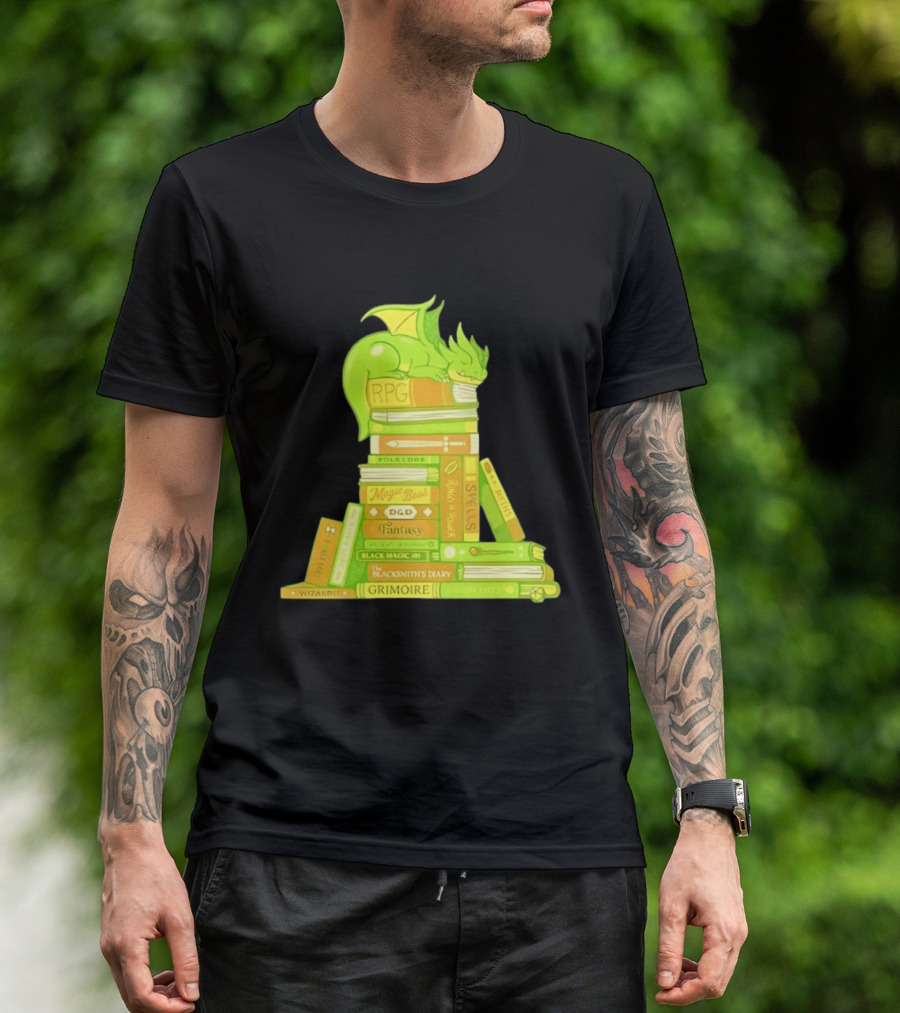 Sleeping Dragon On RPG Fantasy Magic Book Stack Grimoire Wizardry Tales T-Shirt