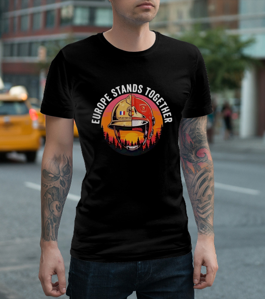 Europe Stands Together Sapeurs Pompiers Bomberos Espana Firefighter Helmet Forest Sunset T-Shirt