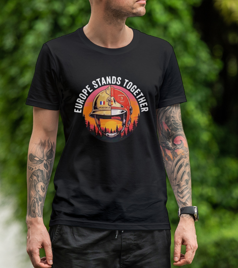 Europe Stands Together Sapeurs Pompiers Bomberos Espana Firefighter Helmet Forest Sunset T-Shirt