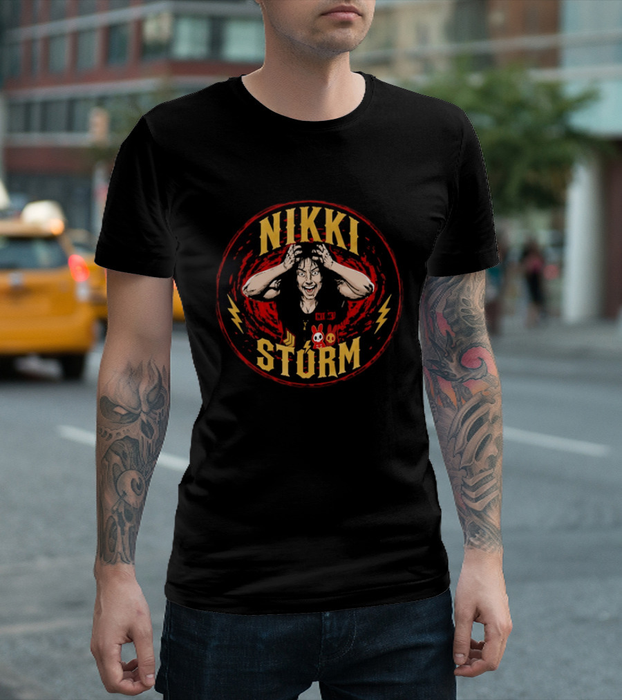 Nikki Stürm Wrestling Character With Lightning Bolts And Red Spiral T-Shirt